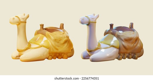 3D Illustration of sitting glossy ceramic camel decorations isolated on beige background.