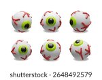 A 3D illustration of six stylized eyeballs featuring vibrant green irises and exaggerated red veins. This set ideal for Halloween themes, horror visuals, medical concepts, and character animations.