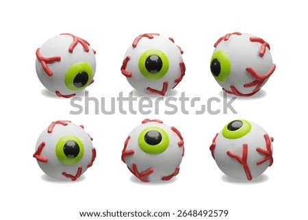A 3D illustration of six stylized eyeballs featuring vibrant green irises and exaggerated red veins. This set ideal for Halloween themes, horror visuals, medical concepts, and character animations.