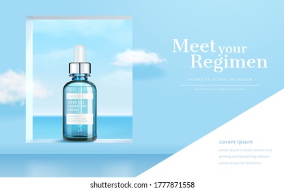 3d illustration of skincare product ad, surreal background design of sea view through window with cloud flying aside