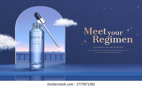 3d illustration of skincare product ad, surreal background design of night view through window with cloud flying aside