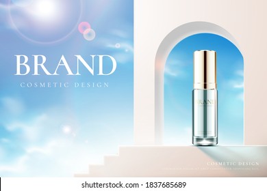 3d illustration of skincare product ad, surreal background design of sky view through window with sun flare