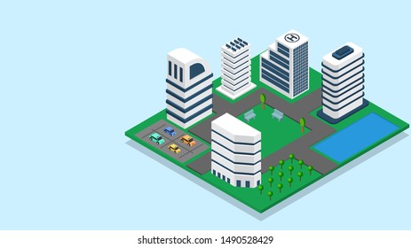 3D illustration of skyscraper building with car parking for Smart City concept based advertising banner design.