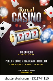 3D illustration of slot machine with casino chips and playing cards for Royal Casino party template design. 