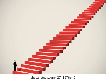 A 3D illustration of a small black silhouette of a person standing at the base of a long, red staircase that ascends diagonally against a beige background