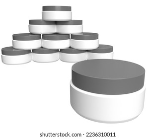 Ilustración 3D - Pequeñas jarras de crema con tapa cerrada y una pila de tarros de crema en el fondo.