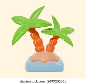 3D illustration of a small island featuring two palm trees with green leaves and orange trunks, surrounded by water. Tropical vacation and beach concept.