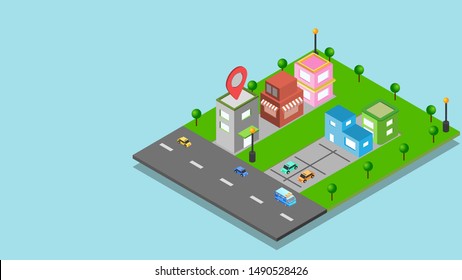 3D illustration of smart buildings along traffic street on yard for Smart City concept. Can be used as banner or poster design.
