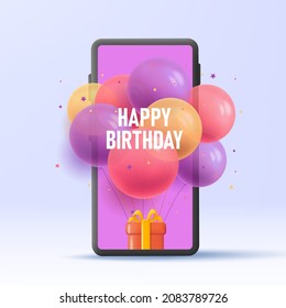 Ilustración 3d de un smartphone con caja de regalo dentro y un montón de globos pegados a ella y volando fuera de pantalla, ecologización virtual de cumpleaños