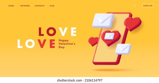 3d illustration of a smartphone with isometric hearts and love envelopes poping up from the screen