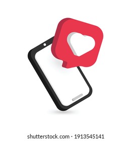 3d illustration, a smartphone with love or heart icon in white background