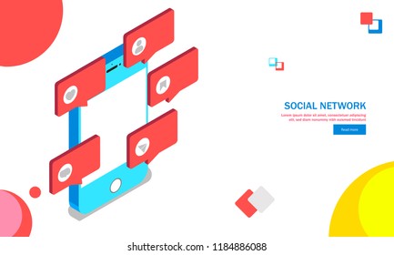 3D illustration of smartphone with message conversation icons on abstract background for Social Networking web template design.