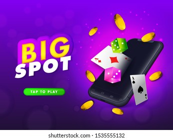 3D illustration of smartphone with playing cards, dice and gold coins on purple lighting effect background for Big Spot.
