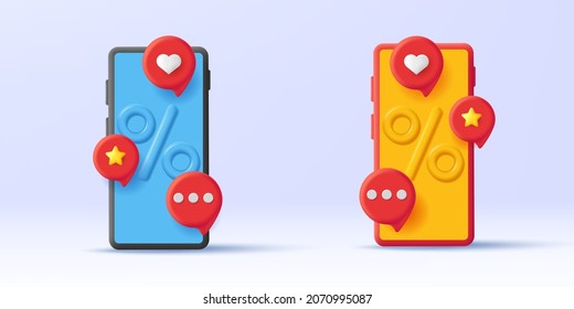 3d illustration of smartphone with volume percent sign and poping notifications with likes, hearts and stars, set of different color