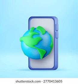 3D illustration of a smartphone with a world globe emerging from the screen. Global mobile connectivity, international communication, and digital world access in technology design. Vector illustration