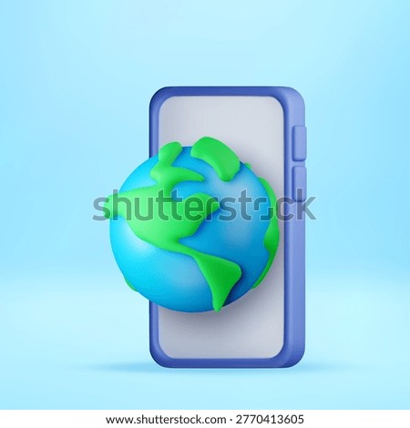 3D illustration of a smartphone with a world globe emerging from the screen. Global mobile connectivity, international communication, and digital world access in technology design. Vector illustration