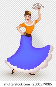 3d illustration of smiling Latin woman in long black dress and a flower in her hair gracefully dancing Flamenco. Female dancer performs Street Latin dance. Fiesta concept