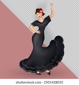 3d illustration of smiling Latin woman in long black dress and a flower in her hair gracefully dancing Flamenco. Female dancer performs Street Latin dance