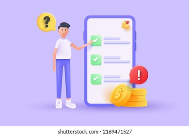 3D illustration of smiling man pointing on big phone with marked checklist on purple background, customer survey form. Successful completion of business tasks. Vector 3d Illustration