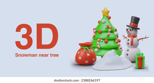 3d illustration with snowman standing near tree, bag with presents and snowdrift. Poster with Christmas elements and red text. Vector illustration in 3d style