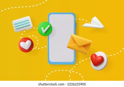 3d illustration of social media with a phone and flying icons. Modern vector design. The concept of new messages and likes. realistic email with 3d paper plane.