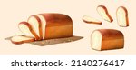 3D Illustration of soft white bread being sliced to piece and left a loaf of bread and decorated with scattered wheat grains