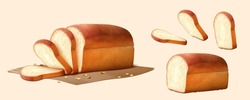 3D Illustration Of Soft White Bread Being Sliced To Piece And Left A Loaf Of Bread And Decorated With Scattered Wheat Grains