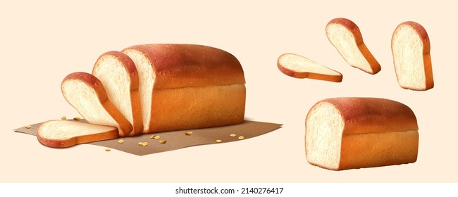 3D Illustration of soft white bread being sliced to piece and left a loaf of bread and decorated with scattered wheat grains