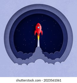 3D illustration of a spaceship flying in galactic space. Round composition with clouds and rocket in paper cut style.