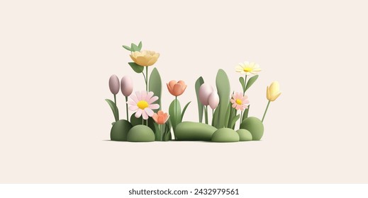 Ilustración 3d de flores de primavera en el campo de hierba, margarita y tulipanes en hierba verde. Dibujos animados de estilo moderno