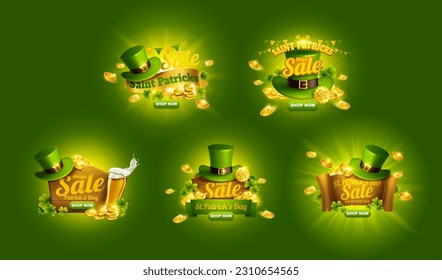 3D illustration of St. Patrick's day sale promotion pop up ad set isolated on green background. Scrolls and leprechaun's hat template design decorated with gold coins, and clovers.