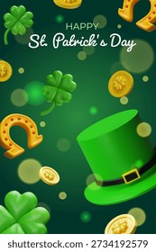 3D illustration for St. Patricks Day featuring a green leprechaun hat, golden coins, horseshoes, and clovers on a glowing festive background. Perfect for celebration posters and cards.