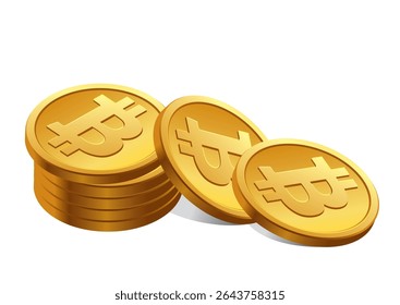 Ilustração 3D de uma pilha de moedas de Bitcoin douradas com o símbolo Bitcoin, representando investimento e riqueza criptomoeda.