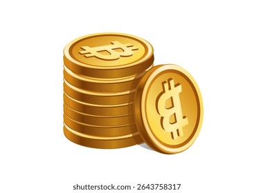 3D illustration of a stack of golden Bitcoin coins with the Bitcoin symbol, representing cryptocurrency accumulation and investment.