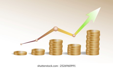 Una ilustración 3D de una pila de monedas de oro con un gráfico de flecha de disminución y aumento, que simboliza el crecimiento financiero y el éxito
