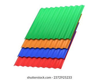 3D illustration of the stack or group of stacked color metal steel profile sheets for roof and roofing construction industry isolated on white background
