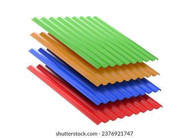 3D illustration of the stack or group of stacked color metal steel profile sheets for roof and roofing construction industry isolated on white background