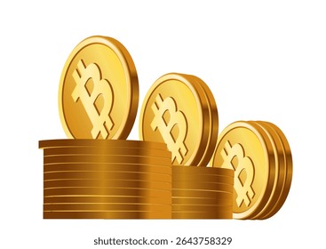 3D illustration of stacked golden Bitcoin coins with prominent Bitcoin symbols, symbolizing wealth and investment opportunities in digital currency.