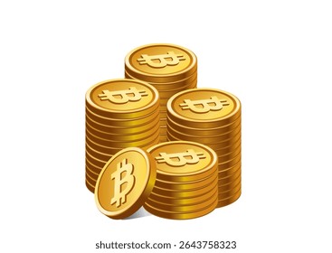 Ilustração 3D de pilhas de moedas de Bitcoin douradas, destacando o símbolo Bitcoin, representando o investimento criptomoeda e acumulação de riqueza.