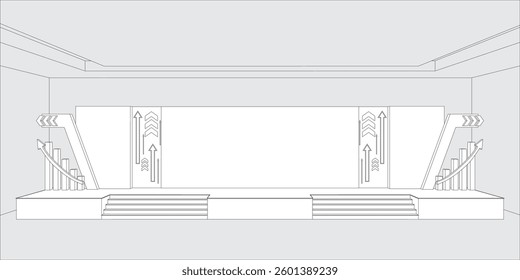 3d illustration stage backdrop LED screen blank space logo company with digital futuristic technology decoration for event show performance. Vector editable sketch outline drawing coloring isolated.