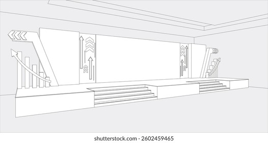 3d illustration stage backdrop LED screen blank space logo company with digital futuristic technology decoration for event show performance. Vector editable sketch outline drawing coloring isolated.