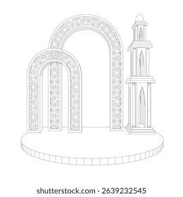 3d illustration stand backdrop ramadan islam decoration with ornament and minaret for photobooth spot event. Vector editable sketch outline drawing coloring isolated.