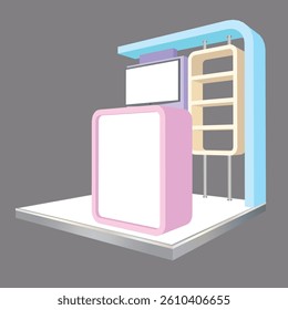 3d illustration stand booth 2x2 m simple minimalis design with blank LED TV screen logo company for event exhibition. Vector editable sketch outline drawing coloring isolated background.