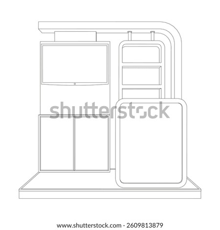 3d illustration stand booth 2x2 m simple minimalis design with blank LED TV screen logo company for event exhibition. Vector editable sketch outline drawing coloring isolated background.