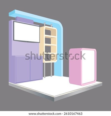3d illustration stand booth 2x2 m simple minimalis design with blank LED TV screen logo company for event exhibition. Vector editable sketch outline drawing coloring isolated background.