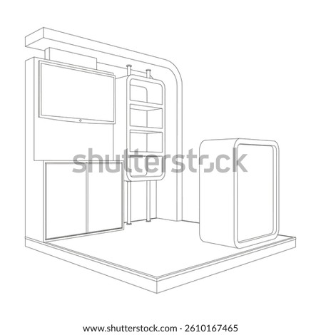 3d illustration stand booth 2x2 m simple minimalis design with blank LED TV screen logo company for event exhibition. Vector editable sketch outline drawing coloring isolated background.