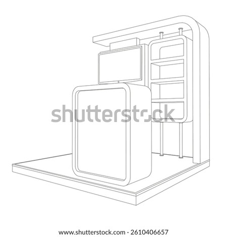3d illustration stand booth 2x2 m simple minimalis design with blank LED TV screen logo company for event exhibition. Vector editable sketch outline drawing coloring isolated background.