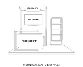 3d illustration stand booth 3x2m with table receptionist rack display and blank LED TV screen for logo company for event exhibition. Vector sketch outline drawing coloring editable isolated.