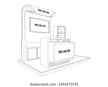 3d illustration stand booth 3x2m with table receptionist rack display and blank LED TV screen for logo company for event exhibition. Vector sketch outline drawing coloring editable isolated.