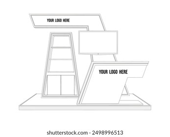 3d illustration stand booth 3x2m with table receptionist rack display and blank LED TV screen for logo company for event exhibition. Vector sketch outline drawing coloring editable isolated.